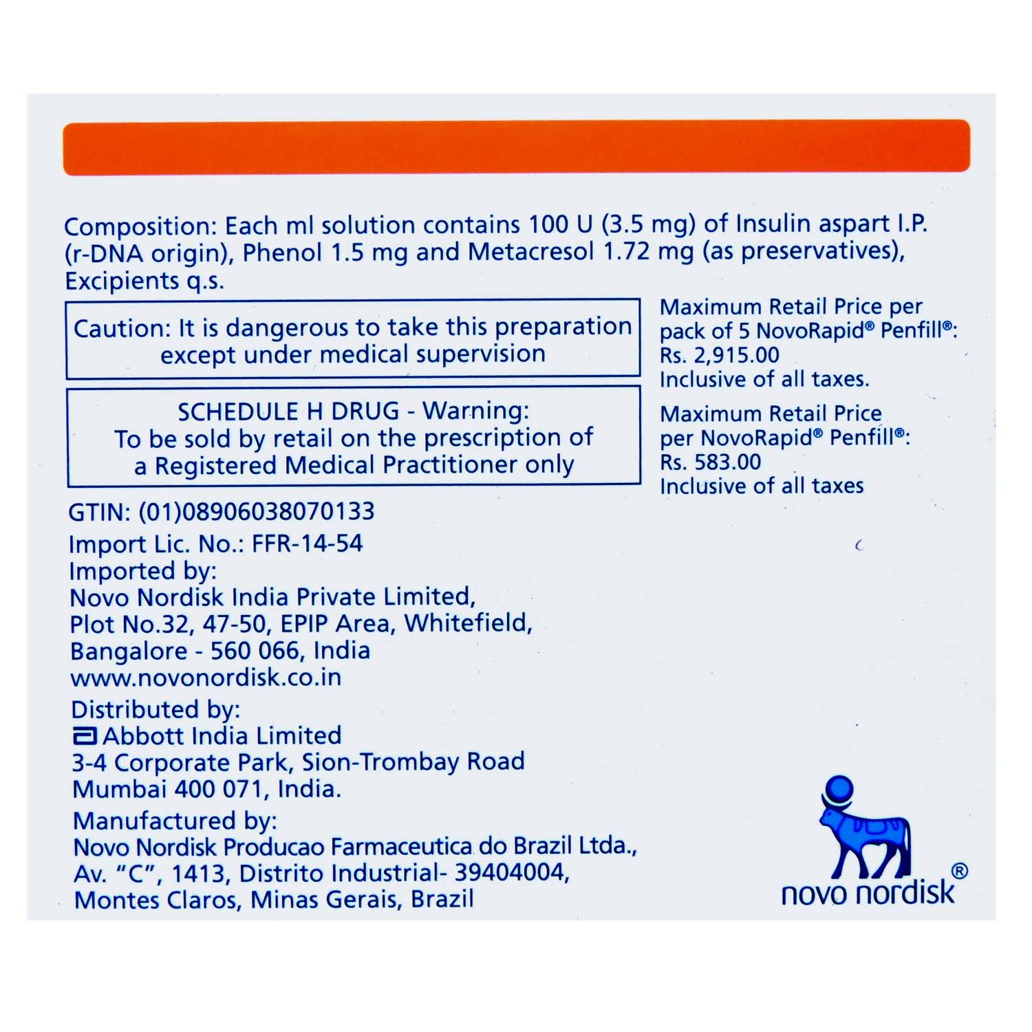 Novorapid 100IU/ml Penfill 3 ml, Pack of 1 INJECTION Novorapid 100IU/ml Penfill 3 ml, Pack of 1 INJECTION