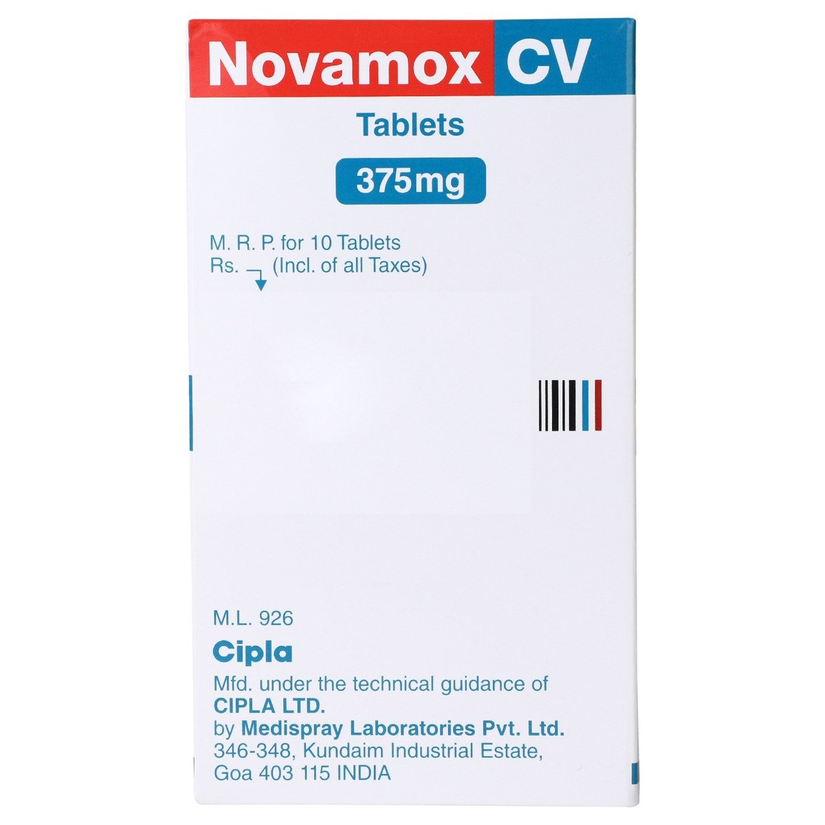 Novamox CV 375 mg Tablet 10's, Pack of 10 TabletS Novamox CV 375 mg Tablet 10's, Pack of 10 TabletS