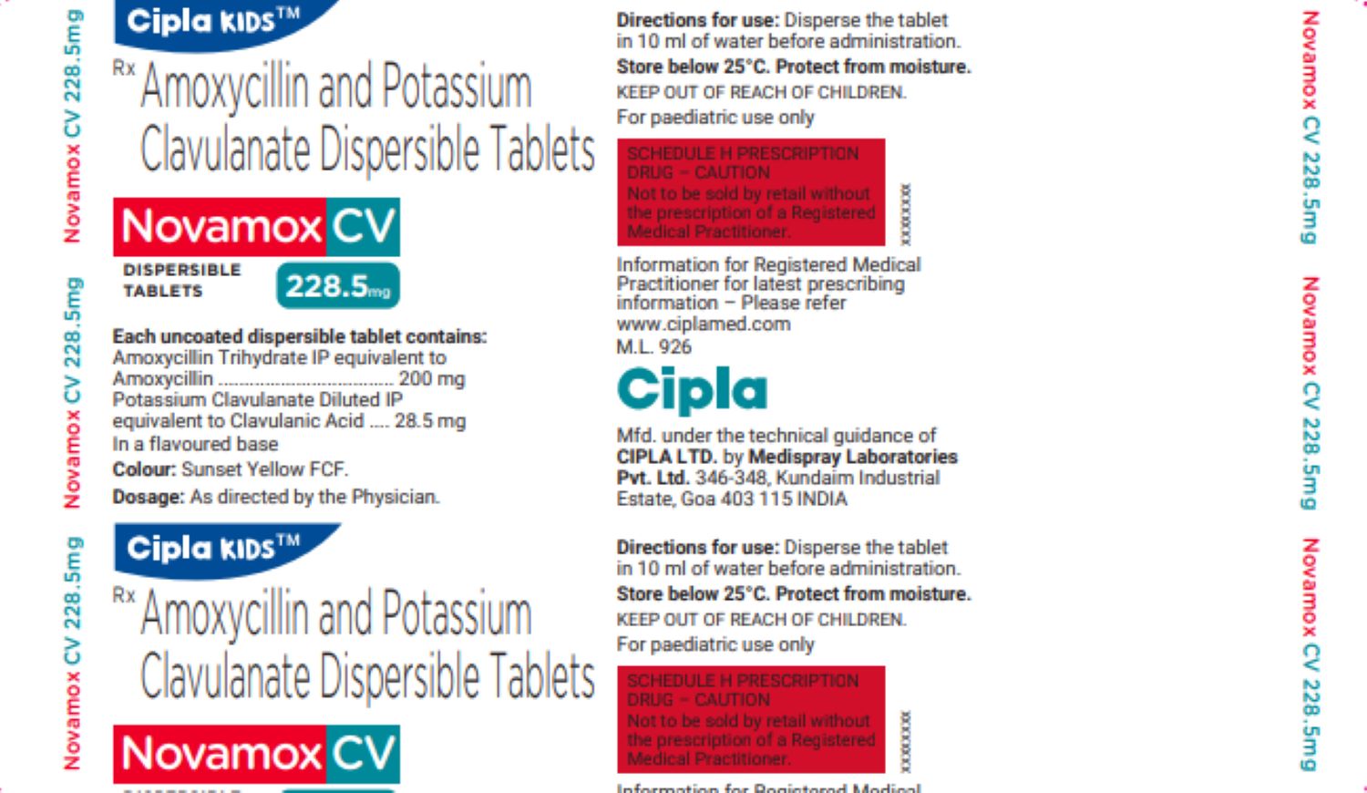 Novamox-CV 228.5 mg DT Tablet 10's, Pack of 10 Novamox-CV 228.5 mg DT Tablet 10's, Pack of 10