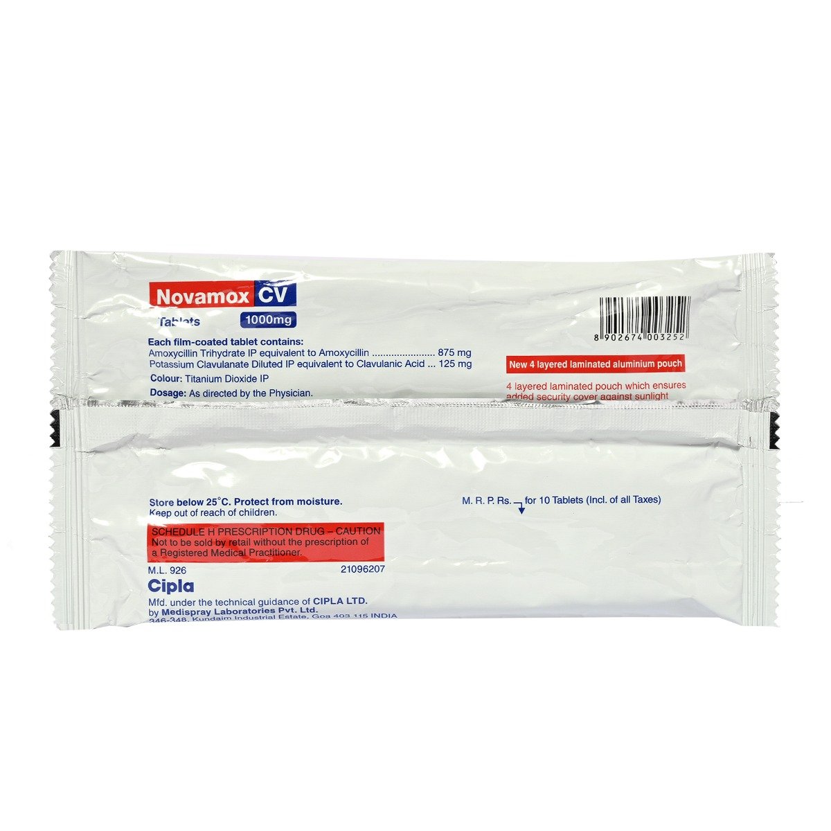 Novamox CV 1000 Tablet 10's, Pack of 10 TabletS Novamox CV 1000 Tablet 10's, Pack of 10 TabletS