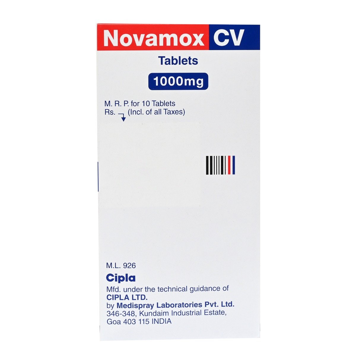 Novamox CV 1000 Tablet 10's, Pack of 10 TabletS Novamox CV 1000 Tablet 10's, Pack of 10 TabletS
