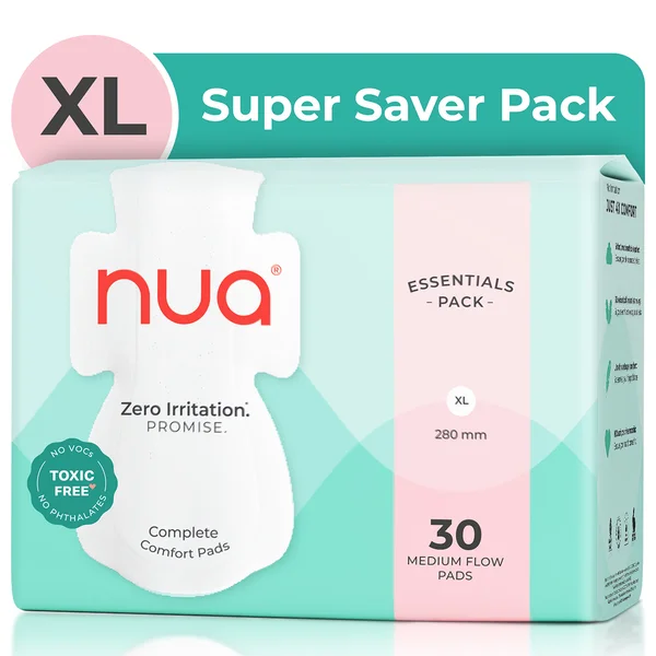 Nua Ultra-Safe Medium Flow XL Sanitary Pads for Women, 30 Count, Pack of 1