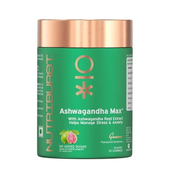 Nutriburst Ashwagandha Max+ Guava Flavour Gummies, 30 Count, Pack of 1