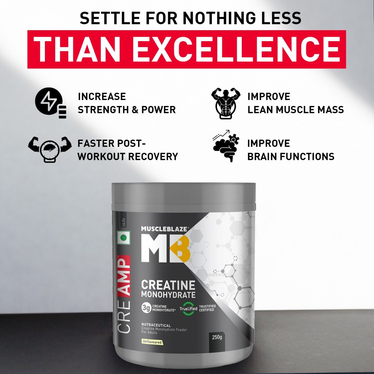 MuscleBlaze Creatine Monohydrate CreAMP Unflavoured Powder, 250 gm, Pack of 1 MuscleBlaze Creatine Monohydrate CreAMP Unflavoured Powder, 250 gm, Pack of 1