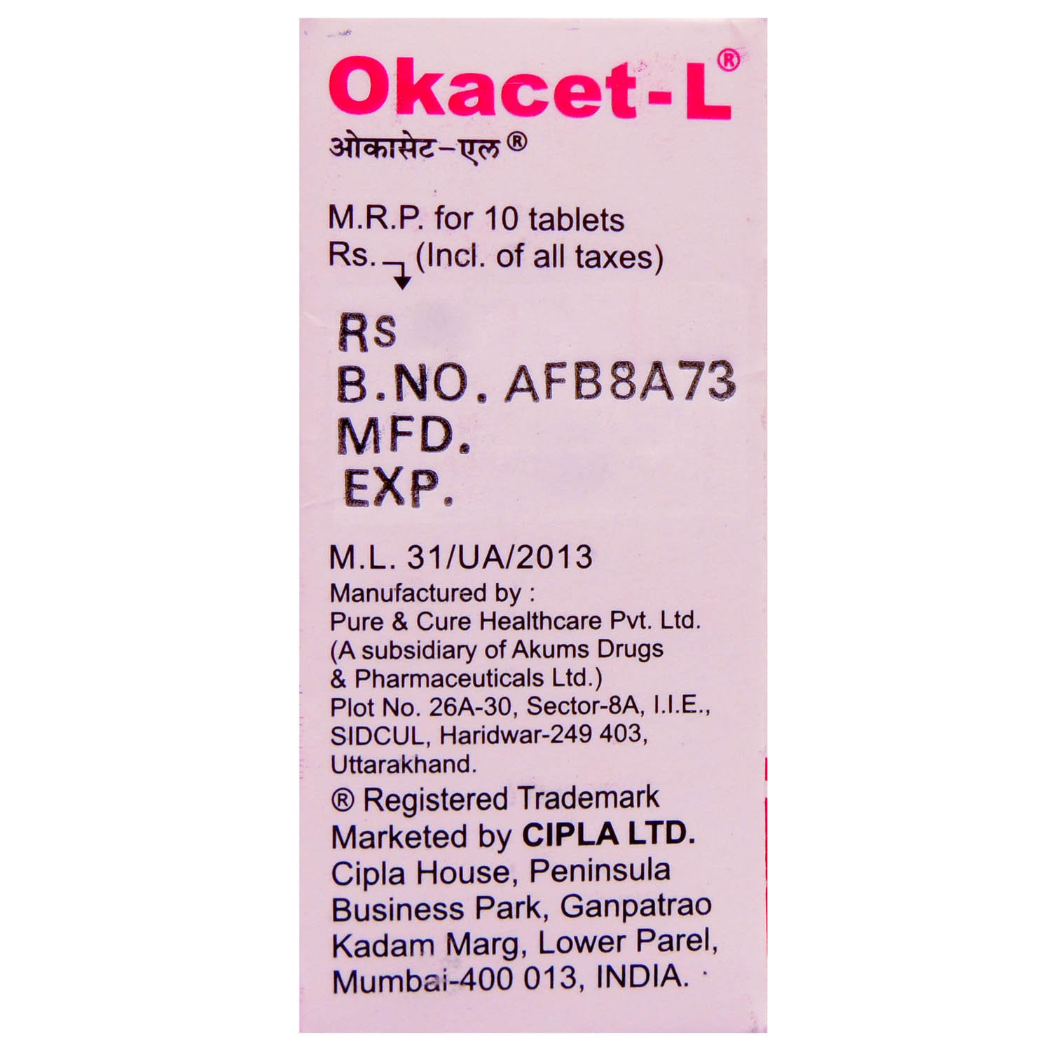 Okacet L Tablet 10's, Pack of 10 TABLETS Okacet L Tablet 10's, Pack of 10 TABLETS