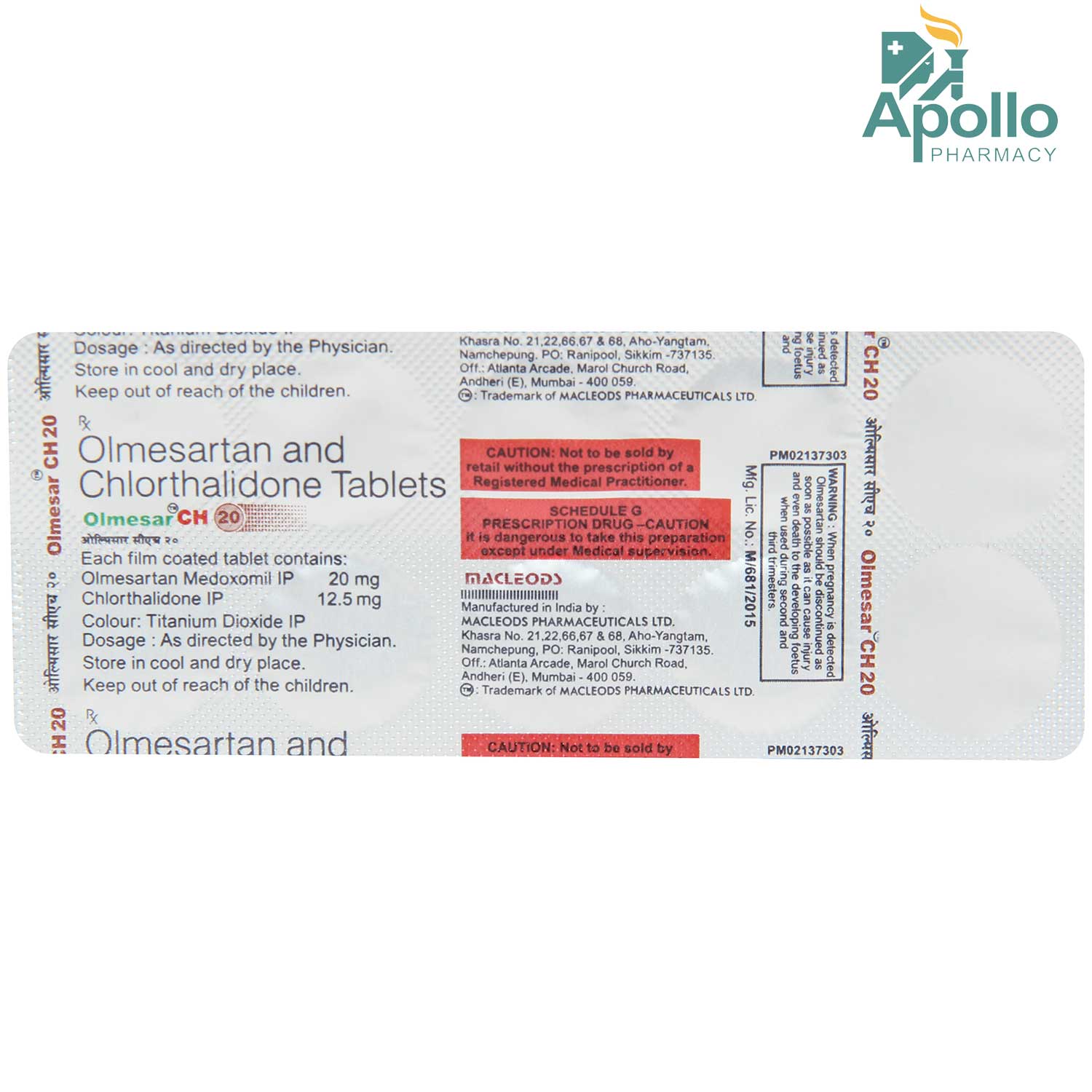 Olmesar CH 20mg Tablet 10's, Pack of 10 TABLETS Olmesar CH 20mg Tablet 10's, Pack of 10 TABLETS