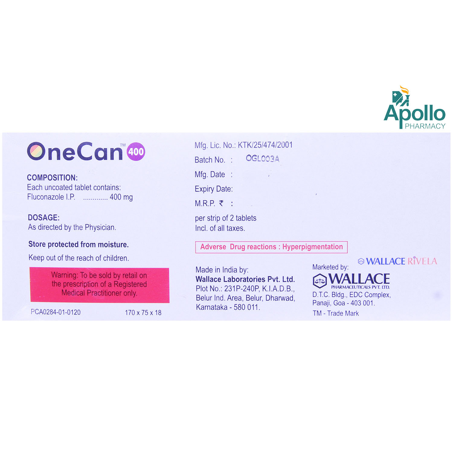 ONECAN 400MG TABLET, 2's, Pack of 2 TABLETS ONECAN 400MG TABLET, 2's, Pack of 2 TABLETS