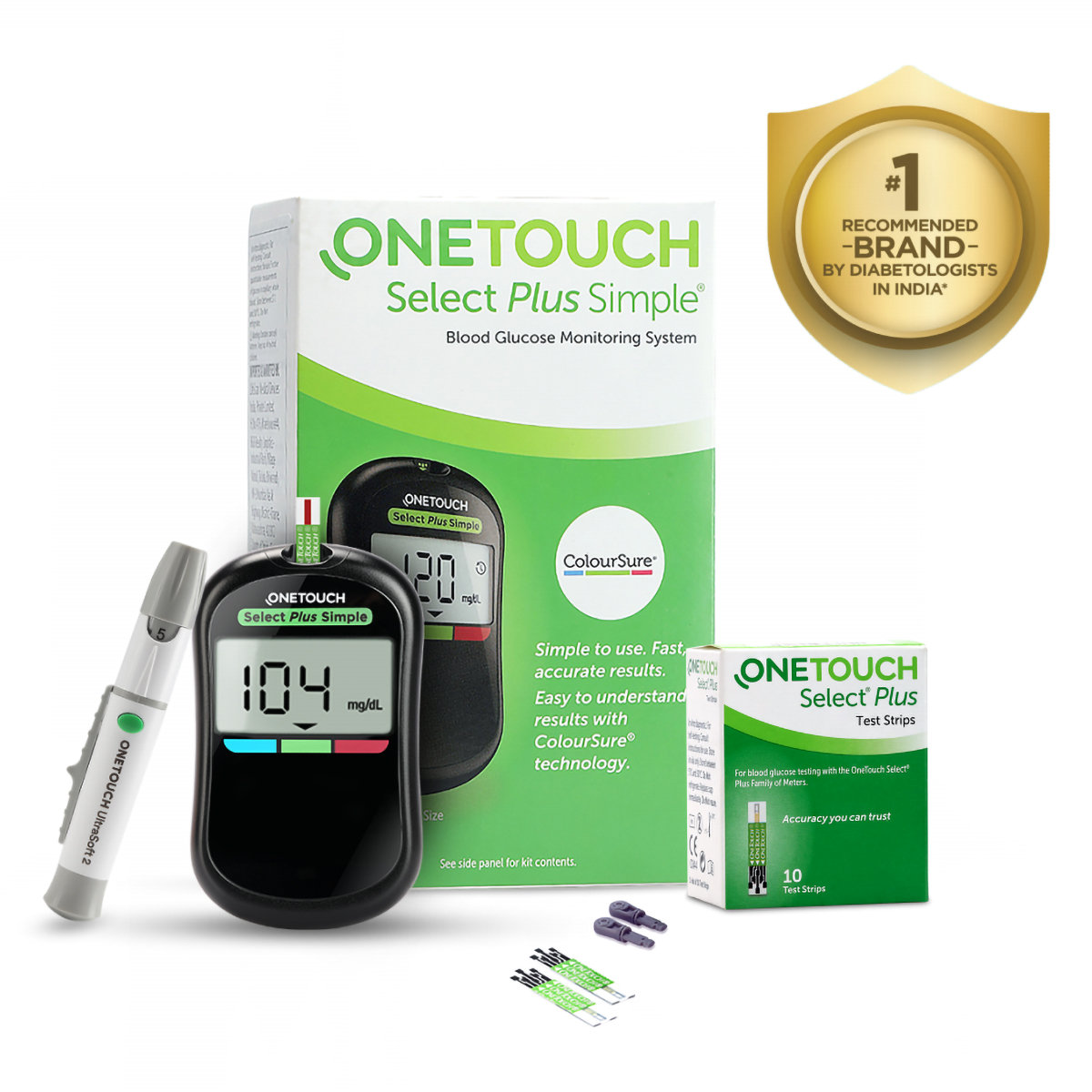 OneTouch Select Plus Simple Glucometer (Free 10 strips + Lancing Device + 25 Lancets), 1 Kit, Pack of 1 OneTouch Select Plus Simple Glucometer (Free 10 strips + Lancing Device + 25 Lancets), 1 Kit, Pack of 1