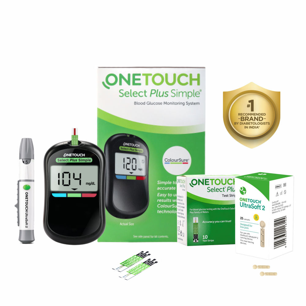 Buy OneTouch Select Plus Simple Glucometer (Free 10 strips + Lancing Device + 25 Lancets), 1 Kit Online