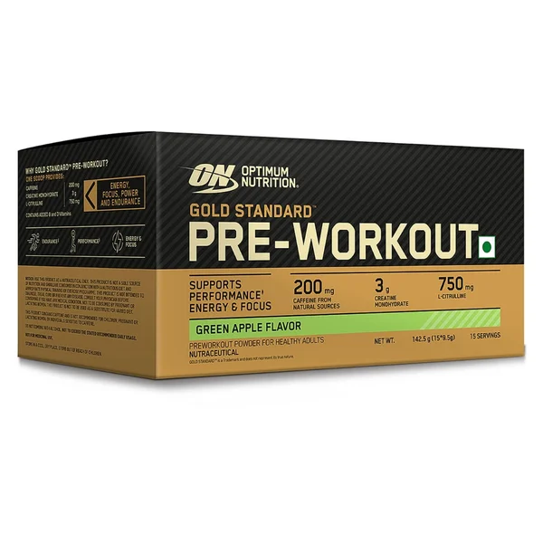 Optimum Nutrition (ON) Gold Standard Pre-Workout Green Apple Flavour Protein Powder, 142.5 gm, Pack of 1