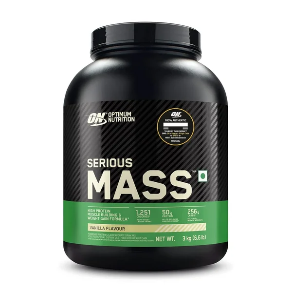 Optimum Nutrition (ON) Serious Mass High Protein Weight Gain Vanilla Flavour Powder, 3 kg, Pack of 1