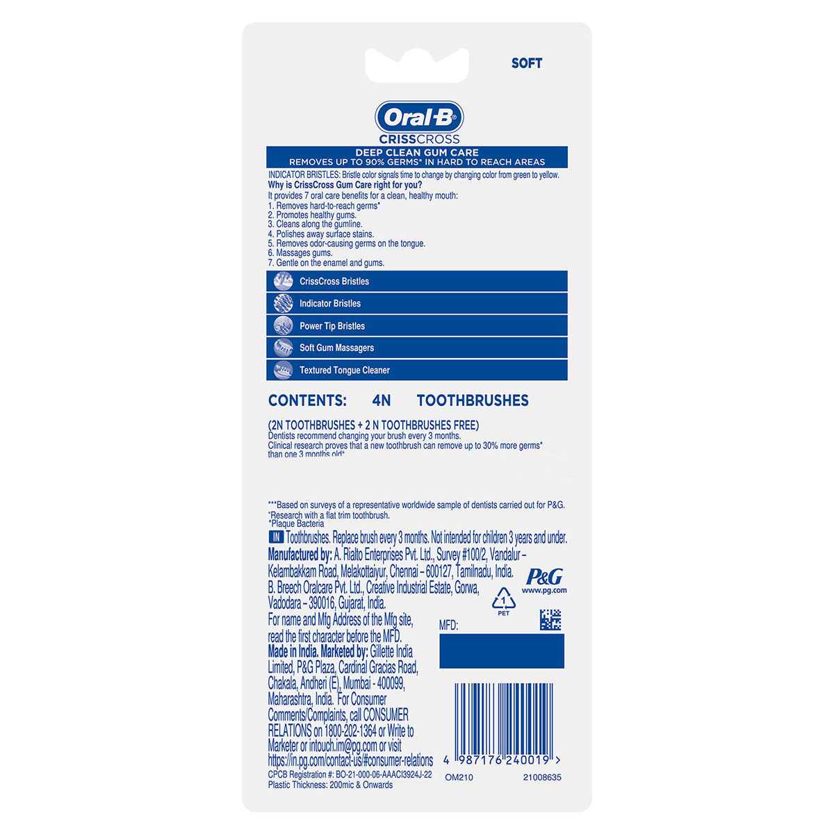 Oral-B Criss Cross Deep Clean Gum Care Soft Toothbrush, 4 (Buy 2 , Get 2 Free), Pack of 1 Oral-B Criss Cross Deep Clean Gum Care Soft Toothbrush, 4 (Buy 2 , Get 2 Free), Pack of 1