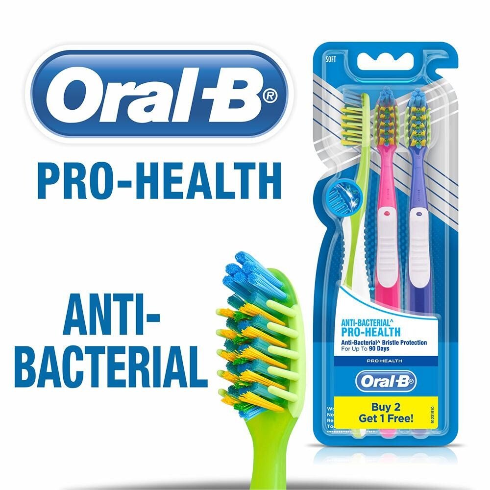 Oral-B Pro Health Anti-Bacterial Soft Toothbrush, 3 Count (Buy 2, Get 1 Free), Pack of 1 Oral-B Pro Health Anti-Bacterial Soft Toothbrush, 3 Count (Buy 2, Get 1 Free), Pack of 1