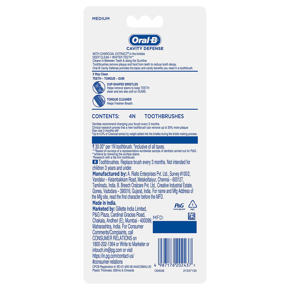 Oral-B Cavity Defence Charcoal Toothbrush Medium, 4 Count, Pack of 1 Oral-B Cavity Defence Charcoal Toothbrush Medium, 4 Count, Pack of 1