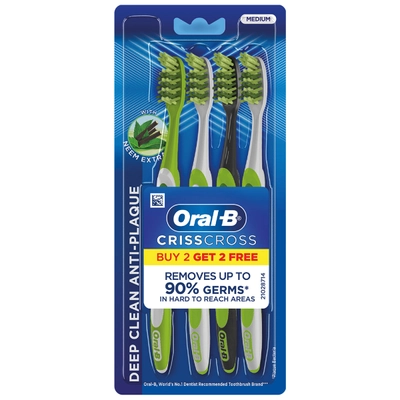 Oral-B Criss Cross Neem Extract Medium Toothbrush, 4 Count (Buy 2, Get 2 Free), Pack of 1