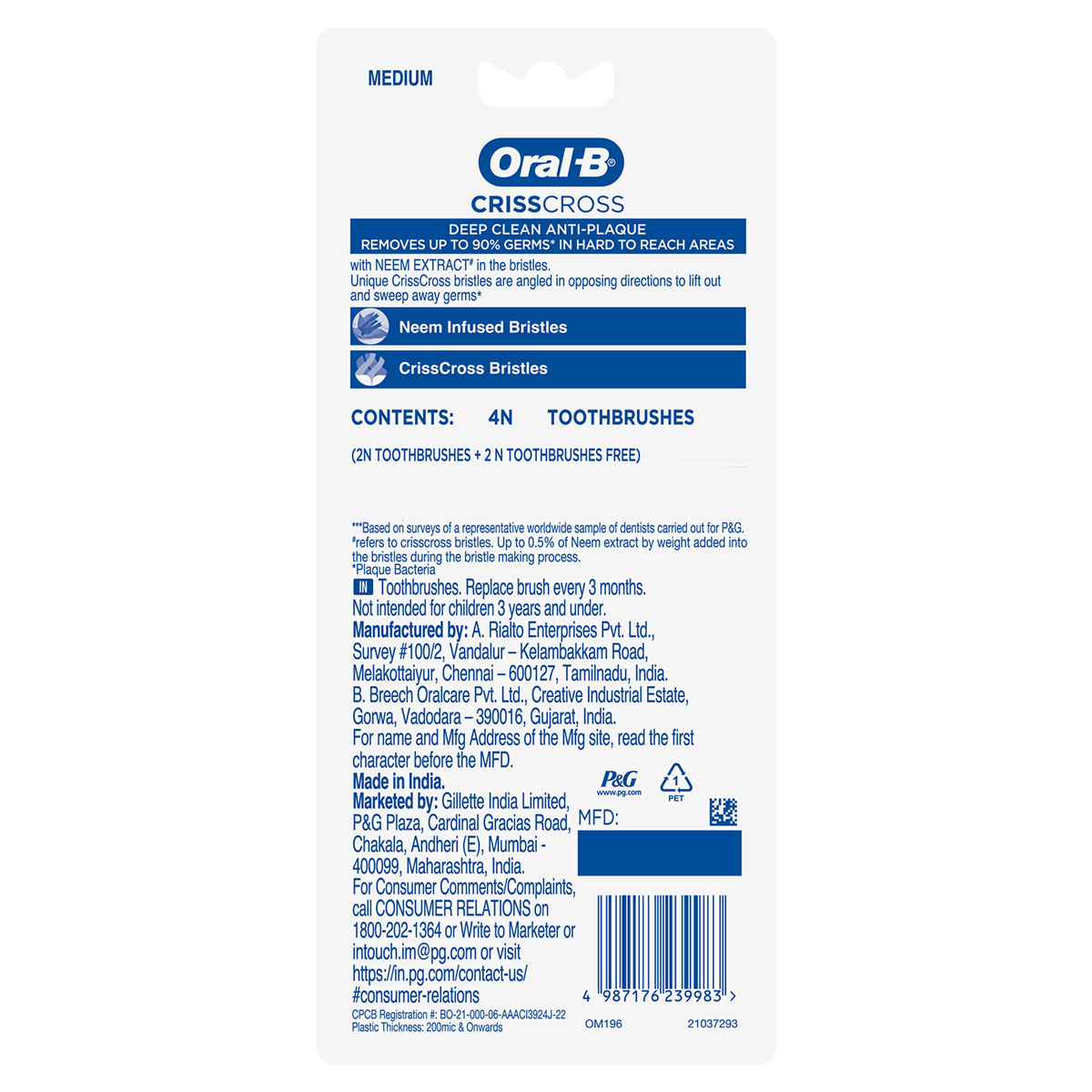 Oral-B Criss Cross Neem Extract Medium Toothbrush, 4 Count (Buy 2, Get 2 Free), Pack of 1 Oral-B Criss Cross Neem Extract Medium Toothbrush, 4 Count (Buy 2, Get 2 Free), Pack of 1