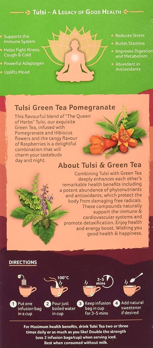 Organic India Tulsi Green Tea Pomegranate Infusion Tea Bags, 25 Count ...