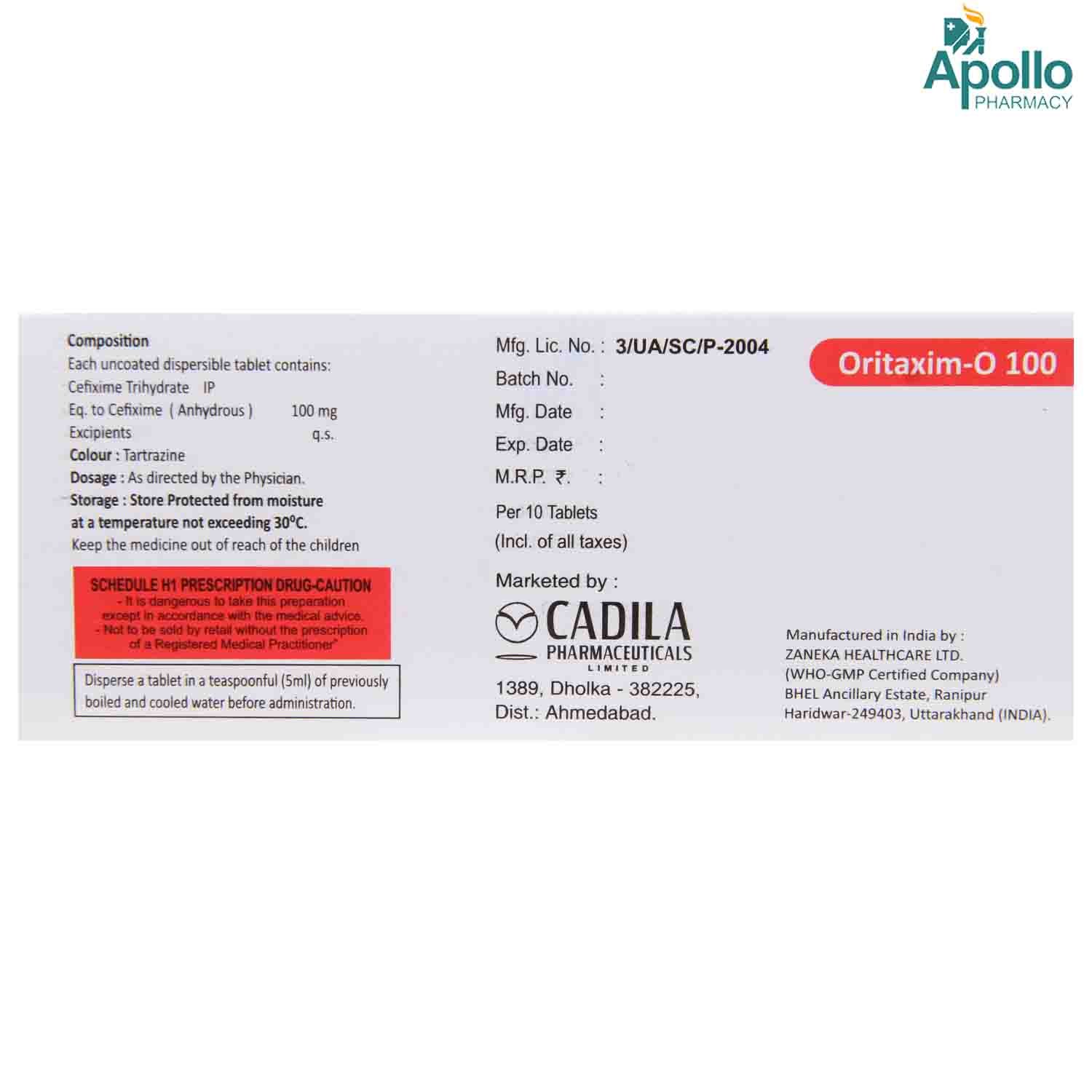 Oritaxim O 100 mg Tablet 10's, Pack of 10 TABLETS Oritaxim O 100 mg Tablet 10's, Pack of 10 TABLETS