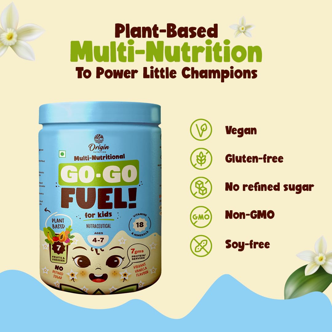 Origin Nutrition Multi-Nutritional Go-Go Fuel Vibrant Vanilla Flavour Powder for 4-7 Year Kids, 400 gm, Pack of 1 Origin Nutrition Multi-Nutritional Go-Go Fuel Vibrant Vanilla Flavour Powder for 4-7 Year Kids, 400 gm, Pack of 1