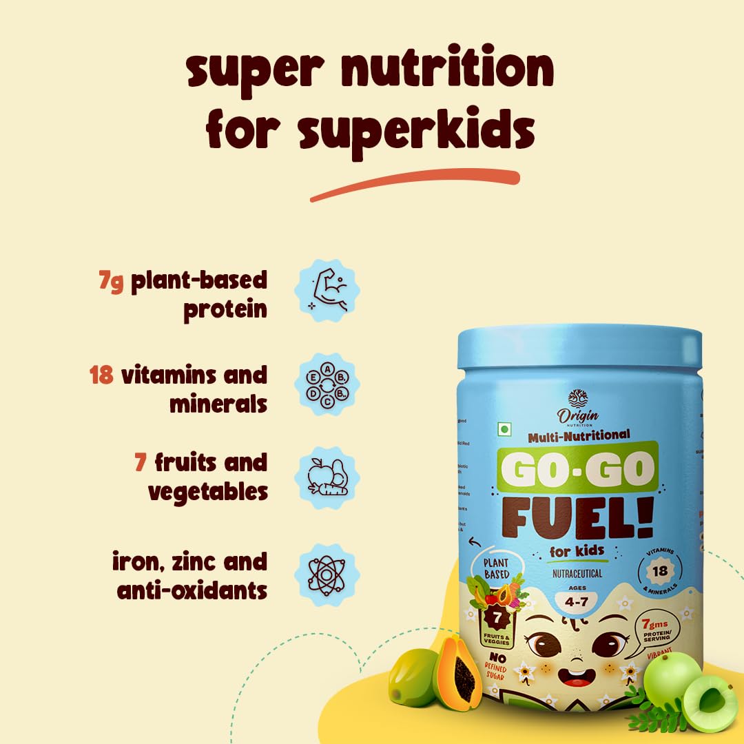 Origin Nutrition Multi-Nutritional Go-Go Fuel Vibrant Vanilla Flavour Powder for 4-7 Year Kids, 400 gm, Pack of 1 Origin Nutrition Multi-Nutritional Go-Go Fuel Vibrant Vanilla Flavour Powder for 4-7 Year Kids, 400 gm, Pack of 1