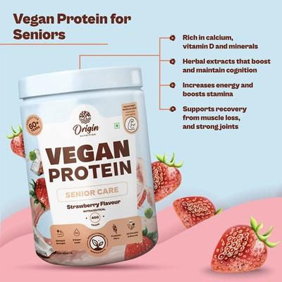 Origin Nutrition Senior Care Vegan Plant Protein Strawberry Flavour Powder, 400 gm, Pack of 1