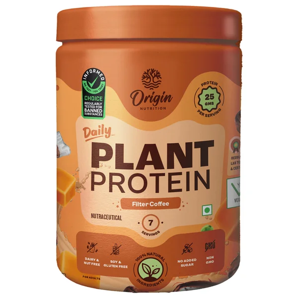 Origin Nutrition 100% Natural Daily Plant Protein Filter Coffee Flavour Powder, 284 gm | 25gm Protein per Serving | No Added Sugar , Pack of 1