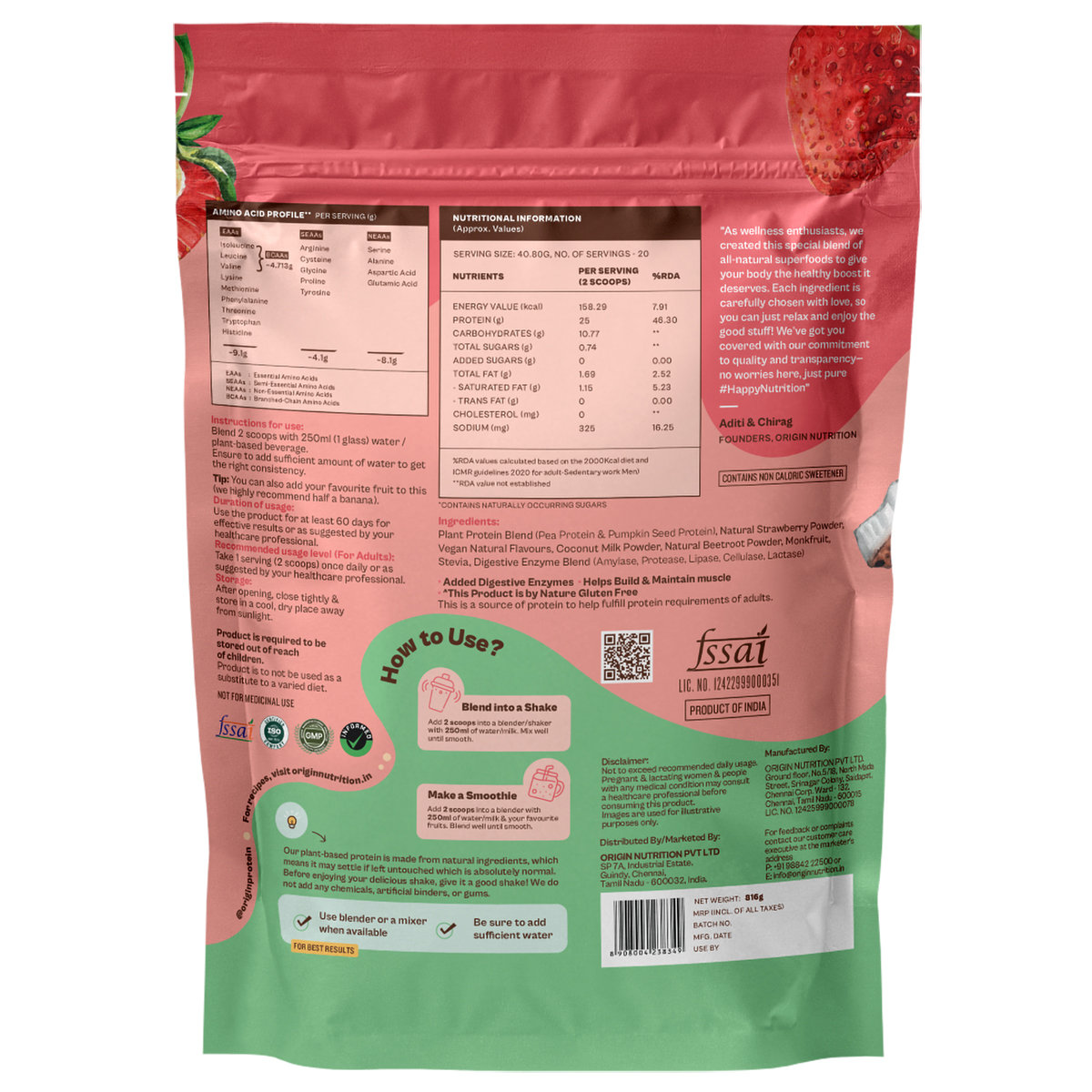 Origin Nutrition 100% Natural Daily Plant Protein Strawberry Delight Flavour Powder, 816 gm | 25gm Protein per Serving | No Added Sugar , Pack of 1 Origin Nutrition 100% Natural Daily Plant Protein Strawberry Delight Flavour Powder, 816 gm | 25gm Protein per Serving | No Added Sugar , Pack of 1