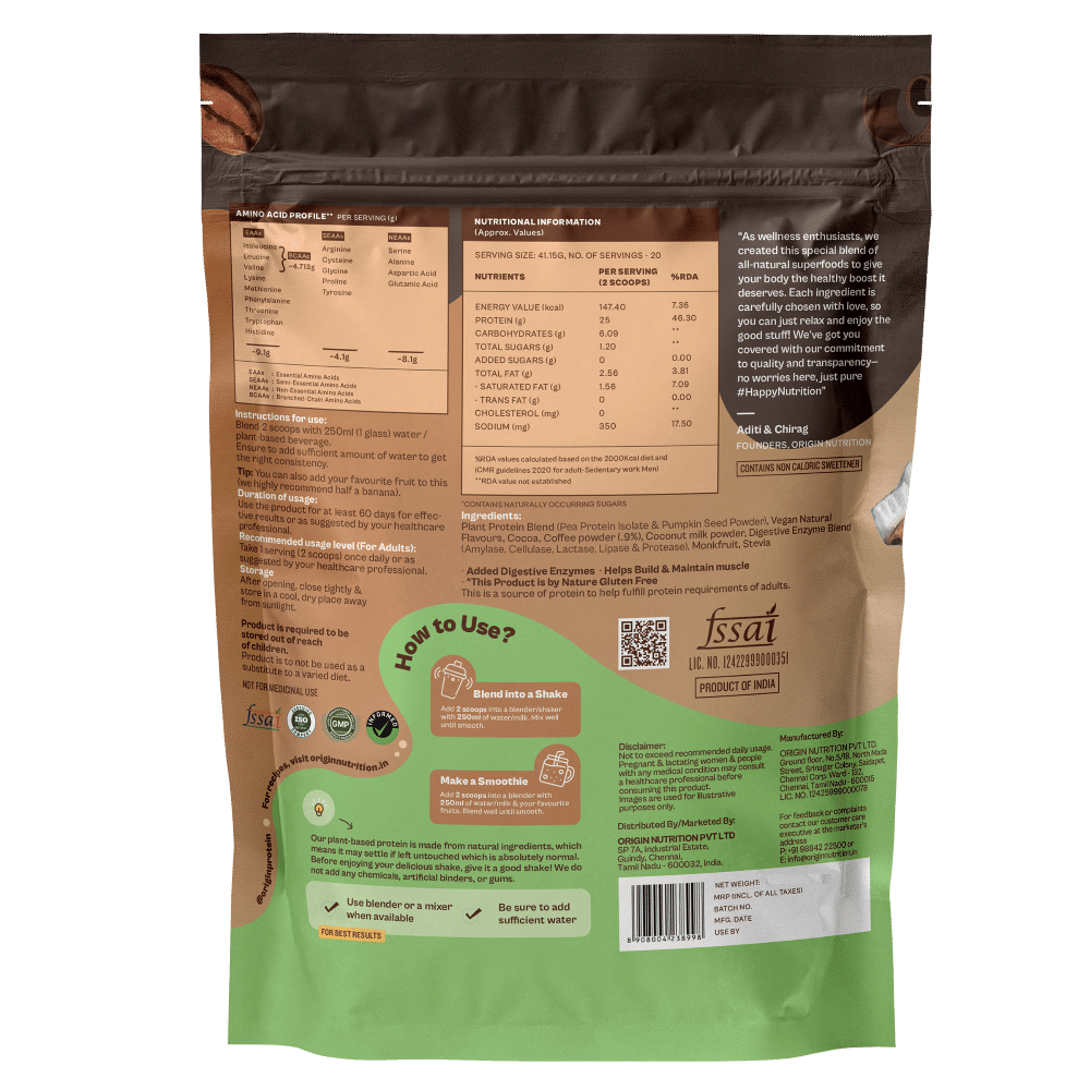 Origin Nutrition Daily Plant Protein Mocha Flavour Powder, 800 gm, Pack of 1 Origin Nutrition Daily Plant Protein Mocha Flavour Powder, 800 gm, Pack of 1