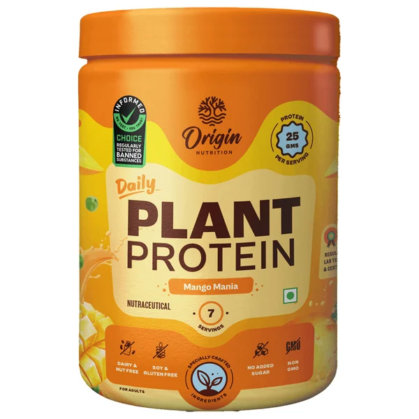 Origin Nutrition 100% Natural Daily Plant Protein Mango Mania Flavour Powder, 287 gm | 25gm Protein per Serving | No Added Sugar , Pack of 1
