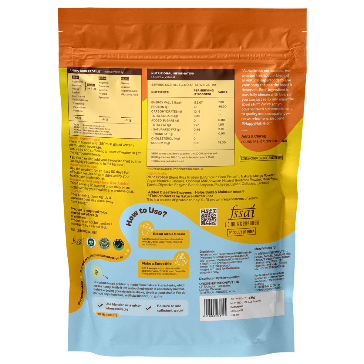 Origin Nutrition 100% Natural Daily Plant Protein Mango Mania Flavour Powder, 821 gm | 25gm Protein per Serving | No Added Sugar , Pack of 1 Origin Nutrition 100% Natural Daily Plant Protein Mango Mania Flavour Powder, 821 gm | 25gm Protein per Serving | No Added Sugar , Pack of 1