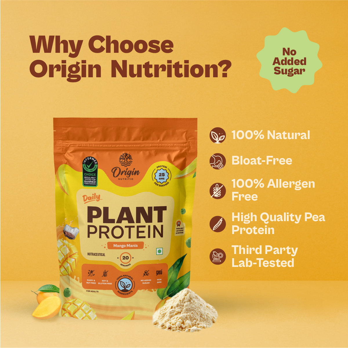 Origin Nutrition 100% Natural Daily Plant Protein Mango Mania Flavour Powder, 821 gm | 25gm Protein per Serving | No Added Sugar , Pack of 1 Origin Nutrition 100% Natural Daily Plant Protein Mango Mania Flavour Powder, 821 gm | 25gm Protein per Serving | No Added Sugar , Pack of 1