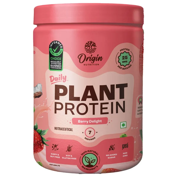 Origin Nutrition 100% Natural Daily Plant Protein Strawberry Delight Flavour Powder, 286 gm | 25gm Protein per Serving | No Added Sugar 