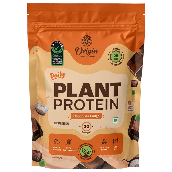 Origin Nutrition 100% Natural Daily Plant Protein Chocolate Fudge Flavour Powder, 816 gm | 25gm Protein per Serving | No Added Sugar 