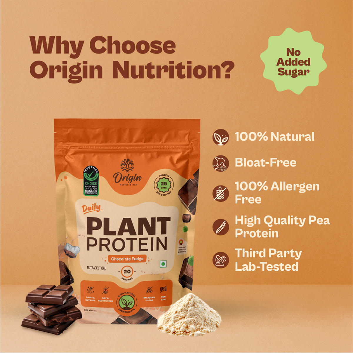 Origin Nutrition 100% Natural Daily Plant Protein Chocolate Fudge Flavour Powder, 816 gm | 25gm Protein per Serving | No Added Sugar , Pack of 1 Origin Nutrition 100% Natural Daily Plant Protein Chocolate Fudge Flavour Powder, 816 gm | 25gm Protein per Serving | No Added Sugar , Pack of 1