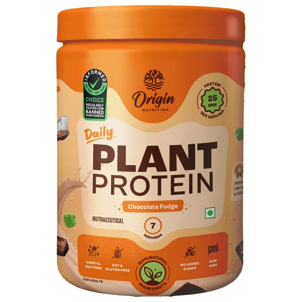 Origin Nutrition 100% Natural Daily Plant Protein Chocolate Fudge Powder, 287 gm | 25gm Protein per Serving | No Added Sugar , Pack of 1