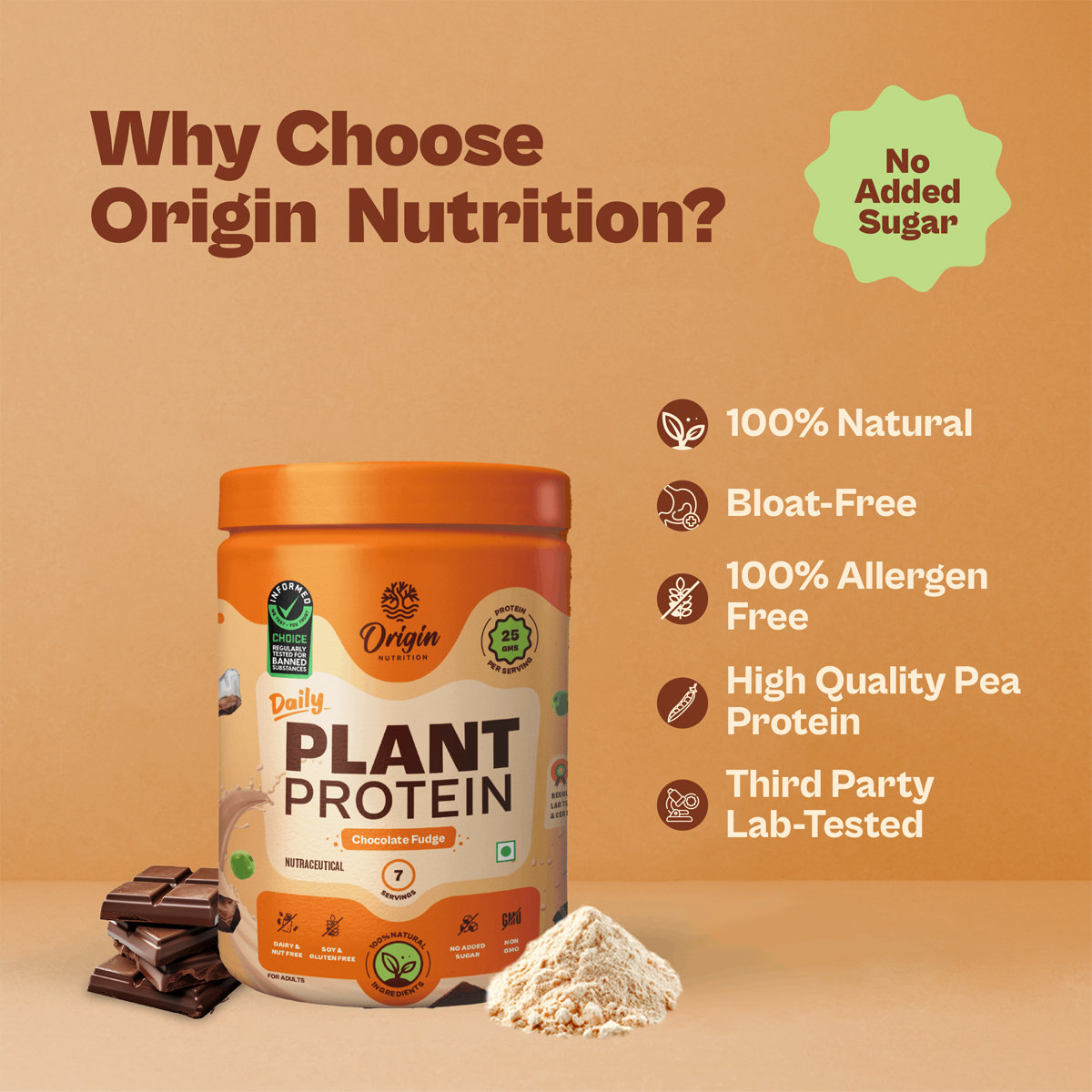 Origin Nutrition 100% Natural Daily Plant Protein Chocolate Fudge Powder, 286 gm | 25gm Protein per Serving | No Added Sugar , Pack of 1 Origin Nutrition 100% Natural Daily Plant Protein Chocolate Fudge Powder, 286 gm | 25gm Protein per Serving | No Added Sugar , Pack of 1