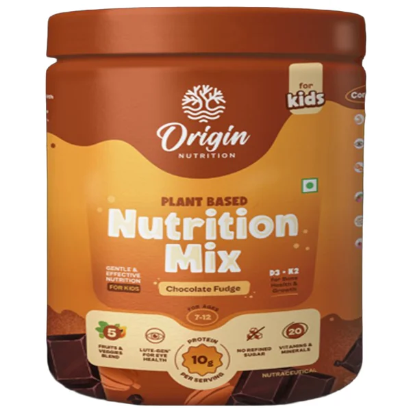 Origin Nutrition Kids Chocolate Fudge Flavour Plant Based Nutrition Mix 7-12 Years, 316 gm Jar