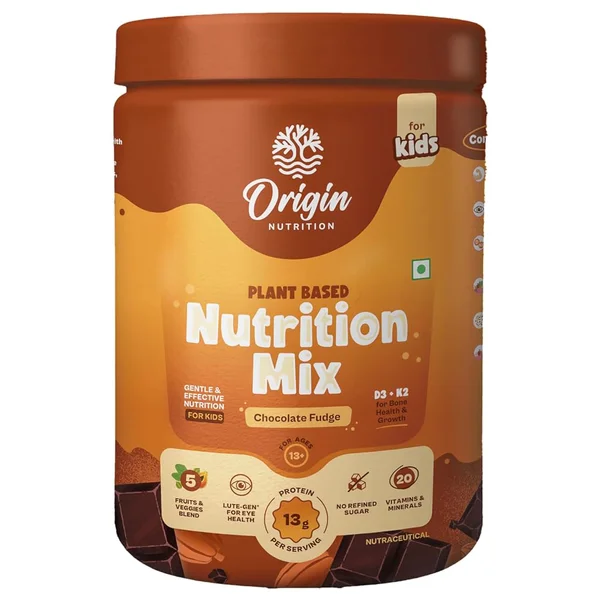 Origin Nutrition Kids Chocolate Fudge Flavour Plant Based Nutrition Mix 13 Years+, 357 gm Jar