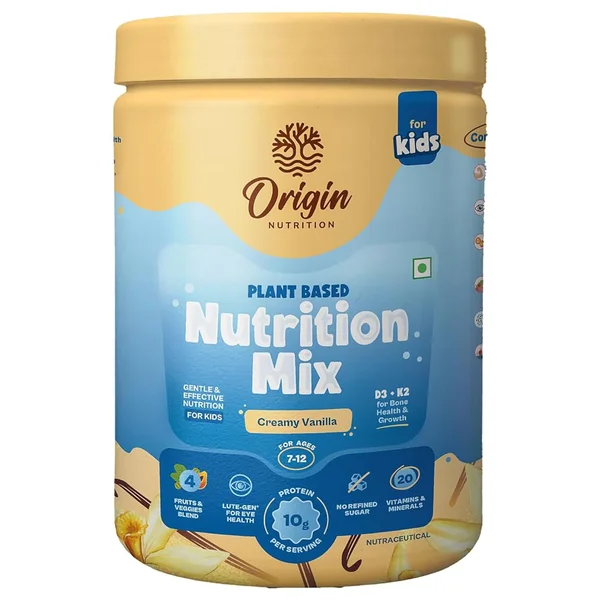 Origin Nutrition Kids Creamy Vanilla Flavour Plant Based Nutrition Mix 7-12 Years, 339 gm Jar