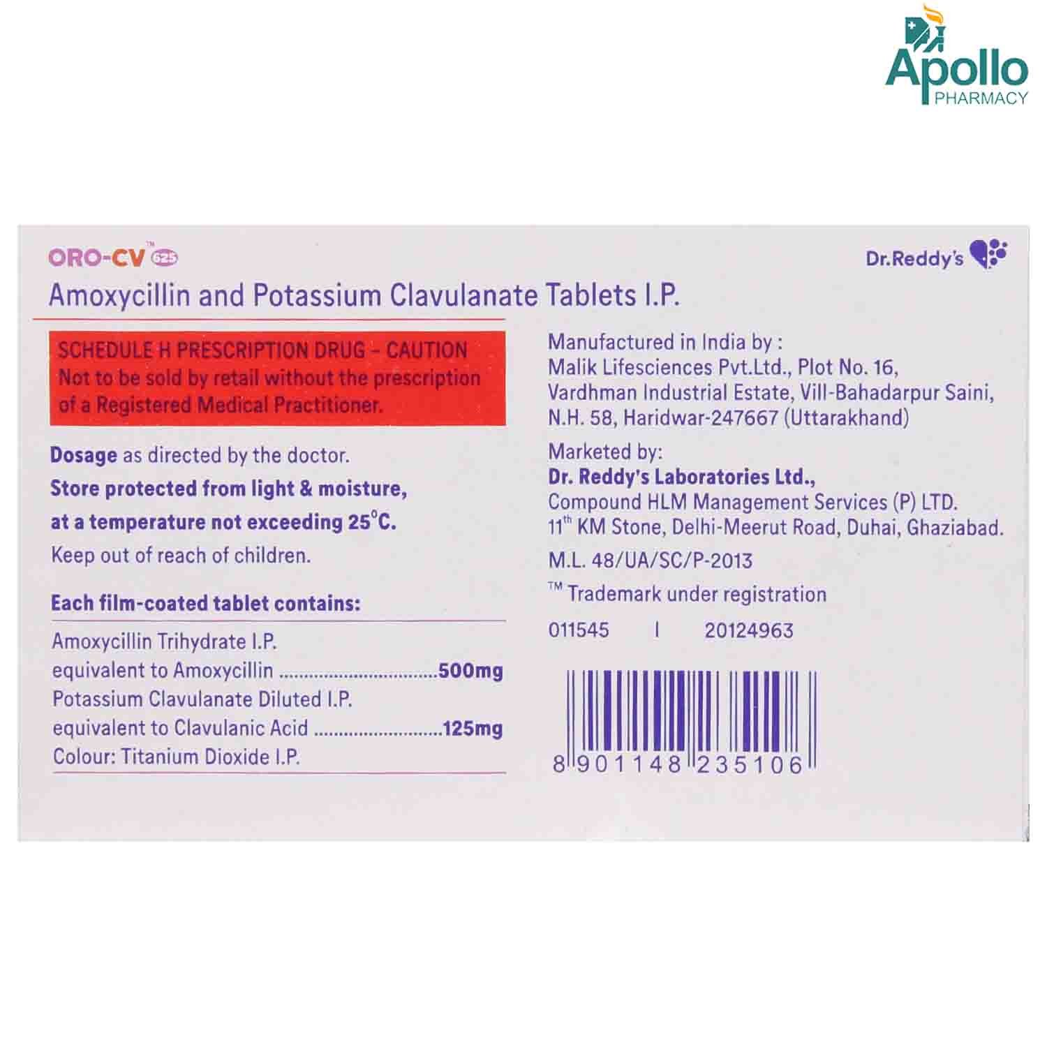 ORO CV 625MG TABLET 10'S, Pack of 10 TabletS ORO CV 625MG TABLET 10'S, Pack of 10 TabletS