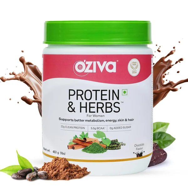 OZiva Protein &amp; Herbs Chocolate Flavour Powder for Women, 453 gm, Pack of 1