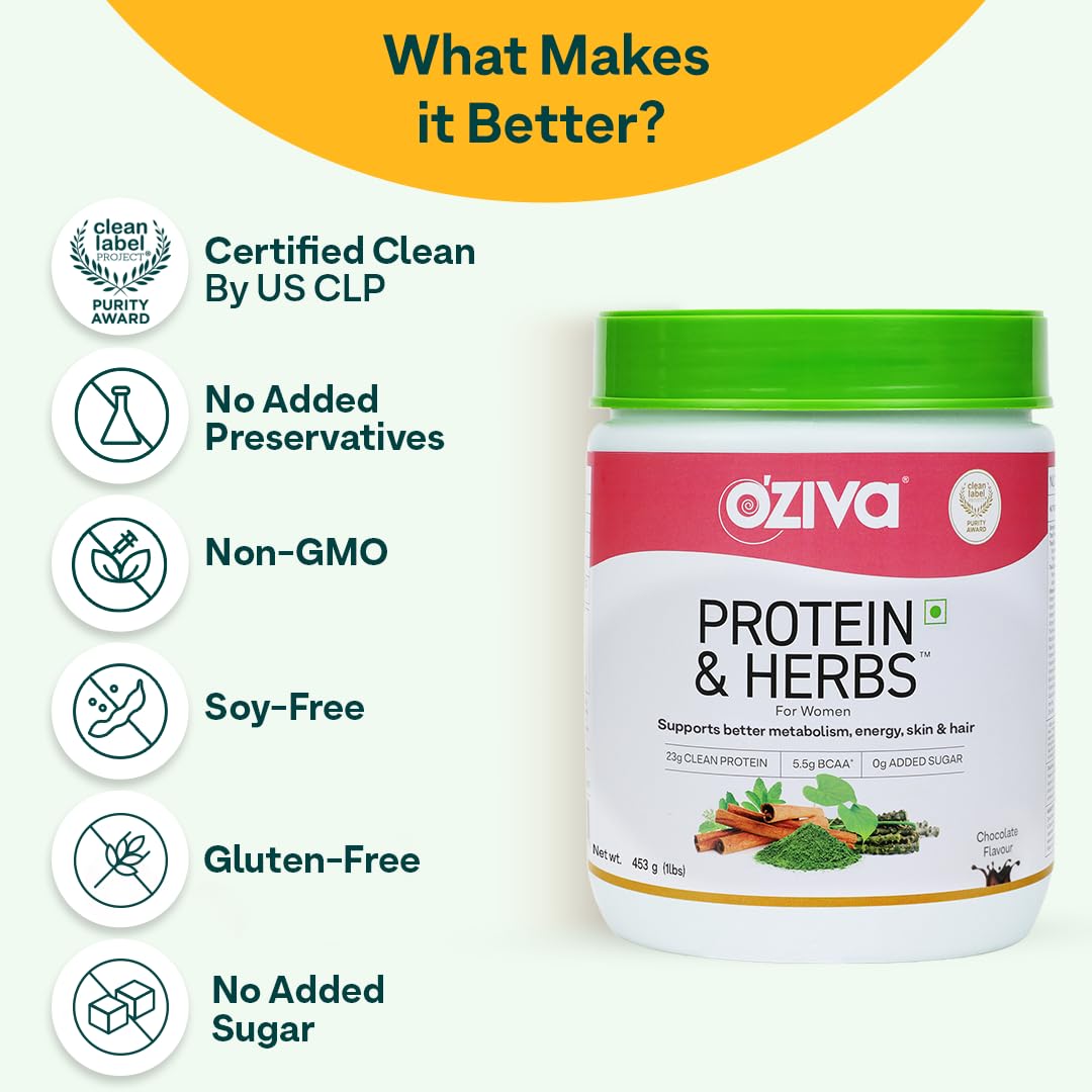 OZiva Protein & Herbs Chocolate Flavour Powder for Women, 453 gm, Pack of 1 OZiva Protein & Herbs Chocolate Flavour Powder for Women, 453 gm, Pack of 1