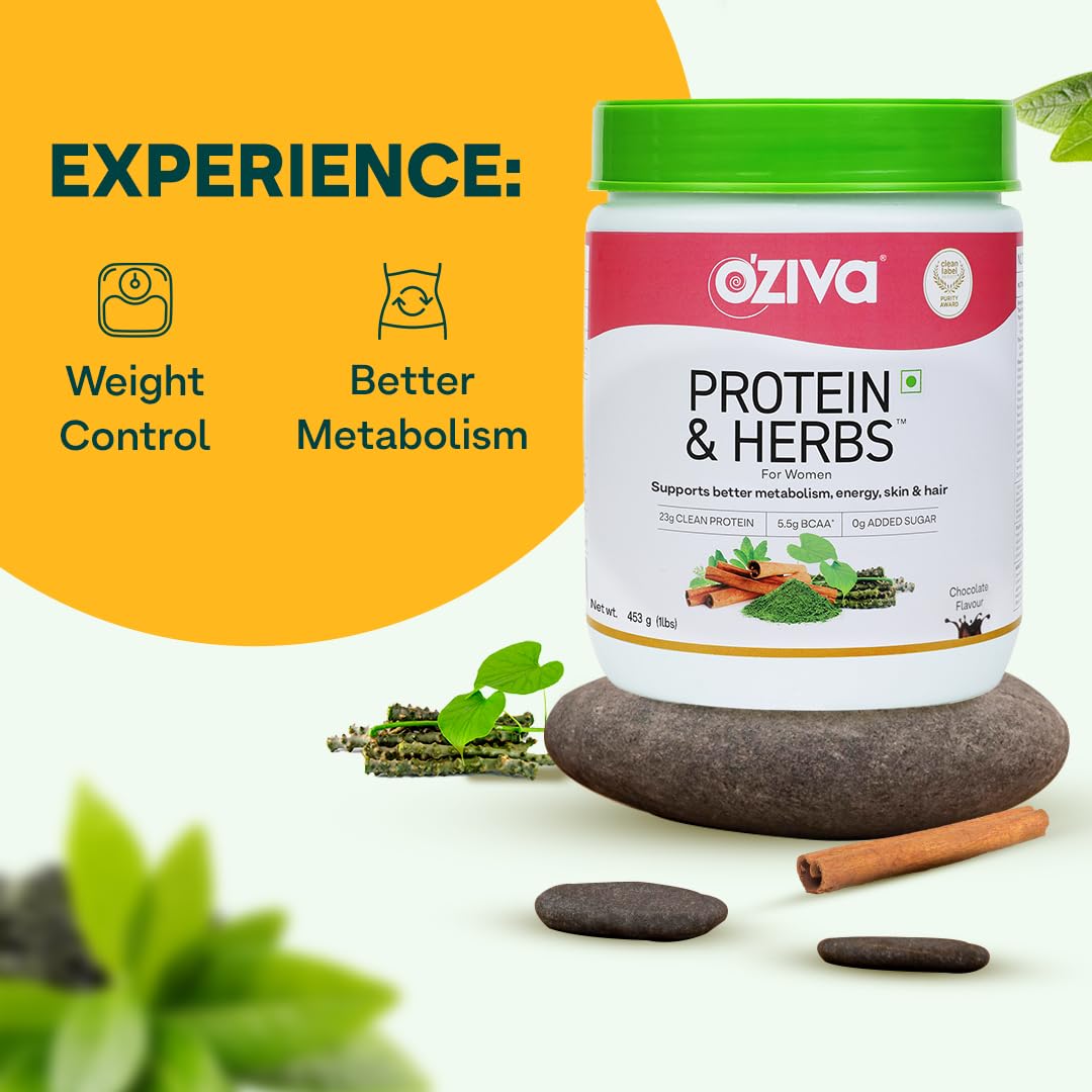 OZiva Protein & Herbs Chocolate Flavour Powder for Women, 453 gm, Pack of 1 OZiva Protein & Herbs Chocolate Flavour Powder for Women, 453 gm, Pack of 1