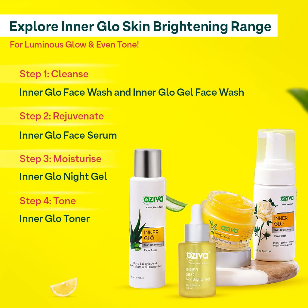 OZiva Inner Glo Skin Brightening Face Serum 30 ml | Rice Bran, Phyto Vitamin C & Turmeric | Increase Skin Radiance 3X | For All Skin Type, Pack of 1 OZiva Inner Glo Skin Brightening Face Serum 30 ml | Rice Bran, Phyto Vitamin C & Turmeric | Increase Skin Radiance 3X | For All Skin Type, Pack of 1