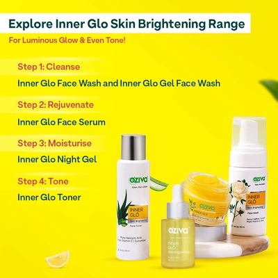 OZiva Inner Glo Skin Brightening Face Serum 30 ml | Rice Bran, Phyto Vitamin C &amp; Turmeric | Increase Skin Radiance 3X | For All Skin Type, Pack of 1