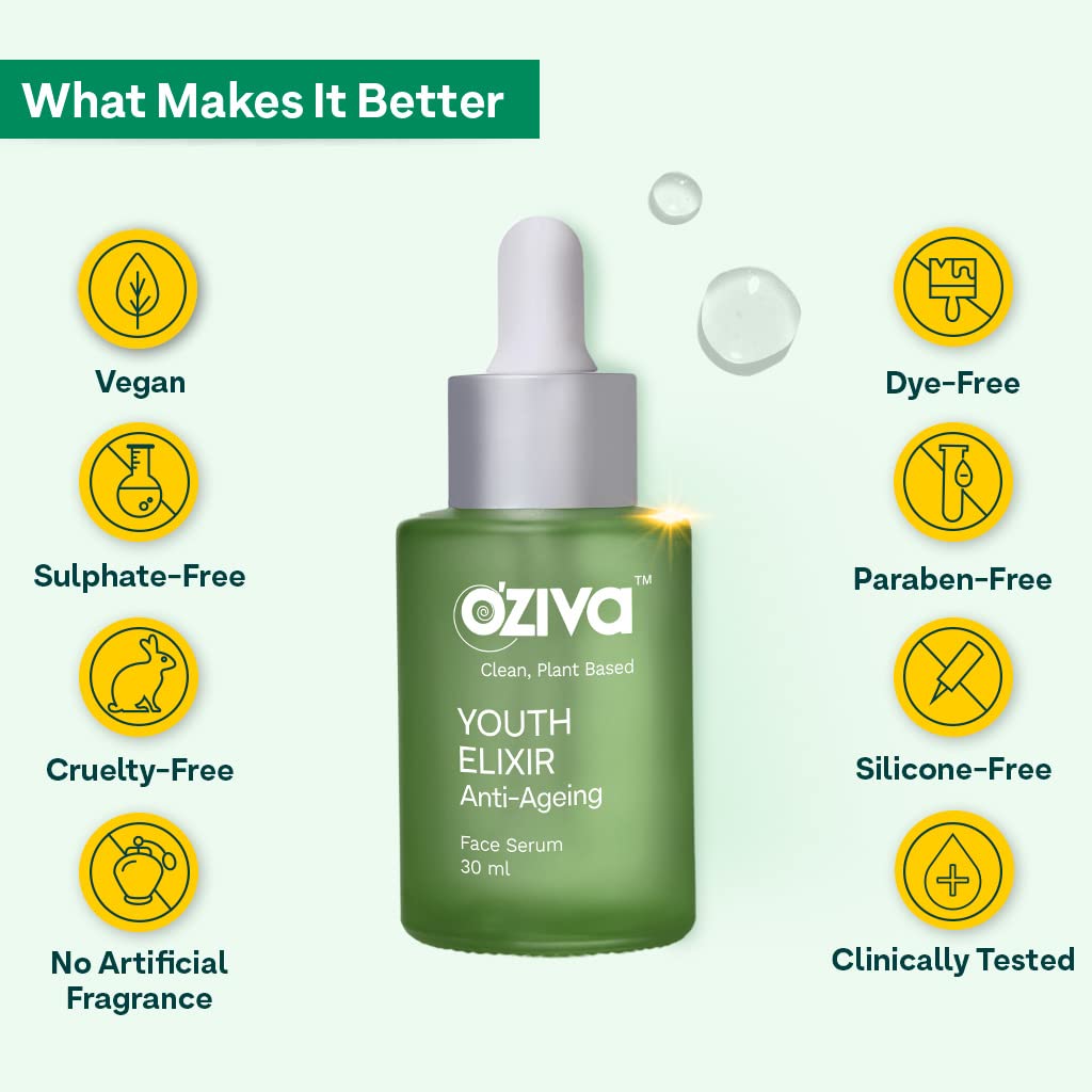 OZiva Youth Elixir Anti-Ageing Face Serum 30 ml | Tiare Flower Extract, Rosehip, Phyto Retinol | Reduces Wrinkles By 50% | Improve Skin Tightening | For All Skin Type, Pack of 1 OZiva Youth Elixir Anti-Ageing Face Serum 30 ml | Tiare Flower Extract, Rosehip, Phyto Retinol | Reduces Wrinkles By 50% | Improve Skin Tightening | For All Skin Type, Pack of 1