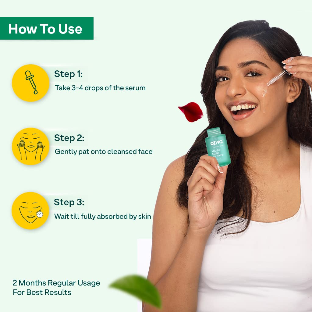 OZiva Youth Elixir Anti-Ageing Face Serum 30 ml | Tiare Flower Extract, Rosehip, Phyto Retinol | Reduces Wrinkles By 50% | Improve Skin Tightening | For All Skin Type, Pack of 1 OZiva Youth Elixir Anti-Ageing Face Serum 30 ml | Tiare Flower Extract, Rosehip, Phyto Retinol | Reduces Wrinkles By 50% | Improve Skin Tightening | For All Skin Type, Pack of 1