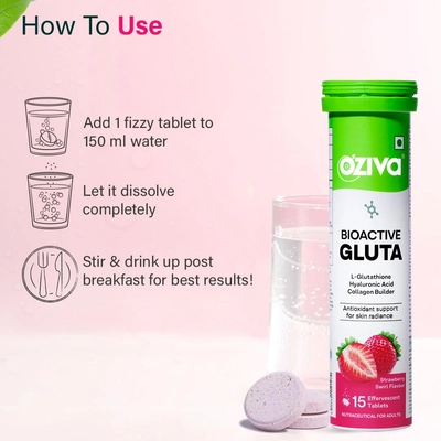 Oziva Bioactive Gluta Strawberry Flavour, 15 Effervescent Tablets, Pack of 1