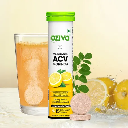 OZiva Metabolic ACV Moringa Lemon Masala Flavour, 15 Effervescent Tablets | Control Cravings I Apple Cider Vinegar, Cinnamon, Guggul I No Maltodextrin & No Added Sugar