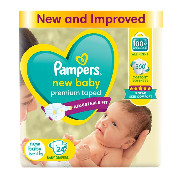 Pampers New Baby Taped Diapers (Up to 5 kg), 24 Count, Pack of 1